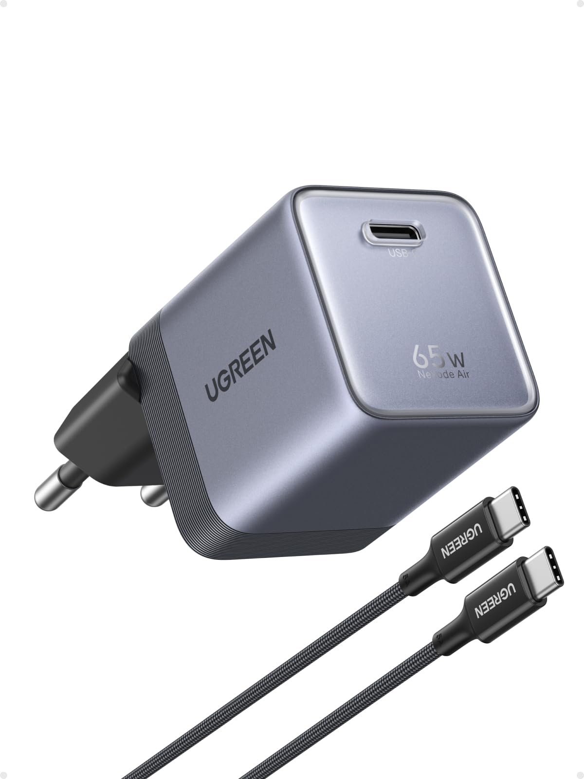 UGREEN Nexode Air 65W Chargeur USB C Rapide GaNInfinity avec Câble Compatible avec iPhone 17 Pro Max 16 Plus 15 14 13 12 Galaxy S26 S25 S24 Pixel 10 9 iPad MacBook Neo Air Pro M5 M4 M3 M2 M1 (Gris) | GaNInfinity Chargeur rapide certifié TÜV pour MacBook A