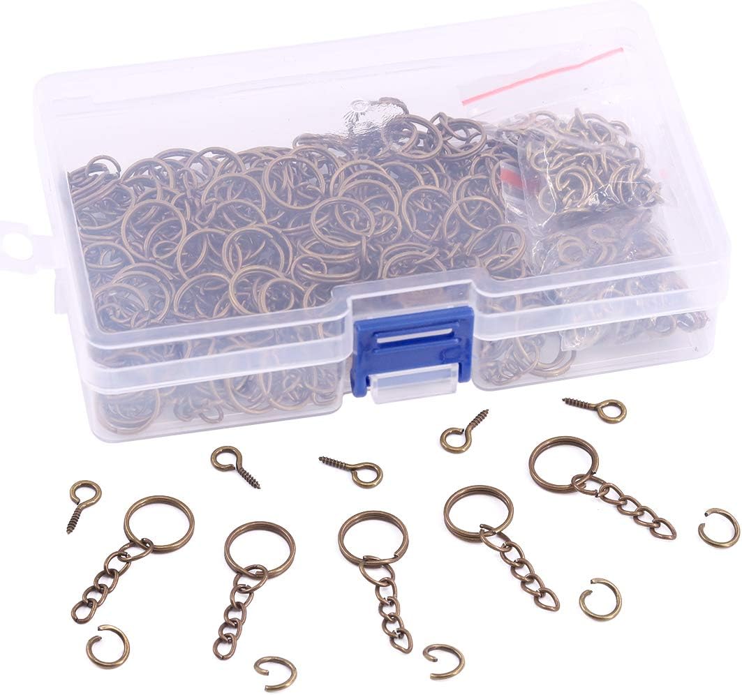 Swpeet 450Pcs 3/5" 15mm Bronze Key Chain Rings Kit, Including 150Pcs Keychain Rings with Chain and 150Pcs Jump Ring with 150Pcs Screw Eye Pins Bulk for Jewelry Findings Making (15mm, Bronze)