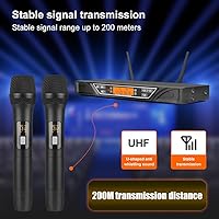 Vista 2 de NG-9 UHF Sistema de micrófono inalámbrico dual con 2 micrófonos dinámicos de mano, antiinterferencias de grado profesional, micrófono de dos manos