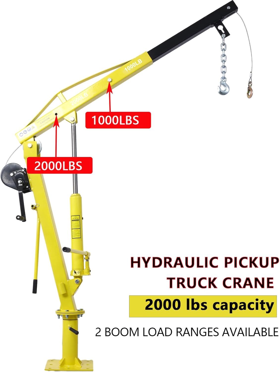2000 LBS Hydraulic Pickup Truck Crane, Davit Crane with Hand Winch, 44.5” to 59” Working Boom Range, Lifting Range 5”-82.5”, Truck-Mounted Bed Crane for Lifting Goods in Construction, Yellow