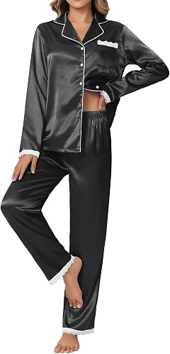 Ekouaer Satin Pajamas for Women Silk Long Sleeve Sleepwear Button Down Loungewea