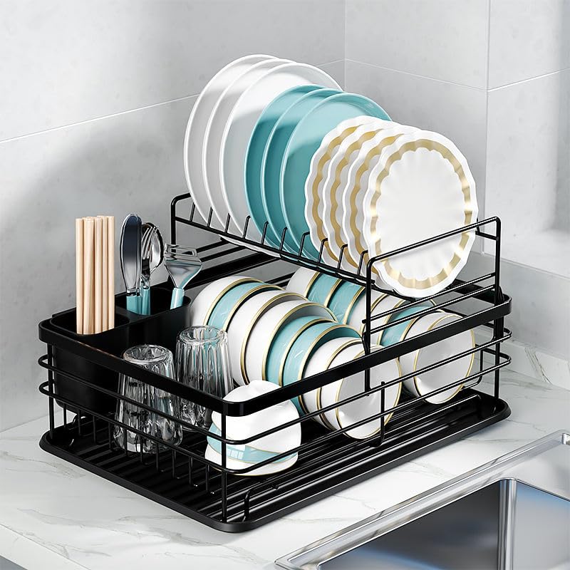 Image of ZROY 2-Tier Large Capacity Dish Drying Rack with Drain Tray - Rust-Resistant Steel Kitchen Organizer with Utensil Holder, Plate Stand & Cup Storage for Countertop (Black Rack 2-Tier)