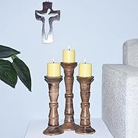 Vista 35 de Juego de tres portavelas de pilar de 6 pulgadas, 12 pulgadas y 6 pulgadas de madera de mango hecho a mano Pulido oscuro