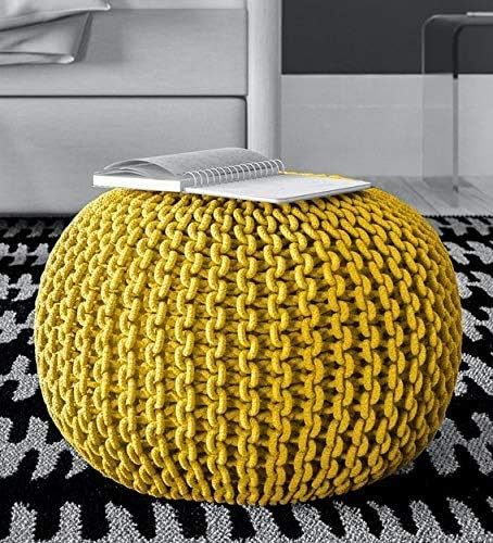 The Home Talk Poufs Boho Rustic Décor Ottoman 100% Cotton Foot Stool for Couch, Armchair, Bean Bag - Hand Knitted Braid Cord for Living Room, Bedroom, Floor Cushion, 18"x18"x14" - Yellow