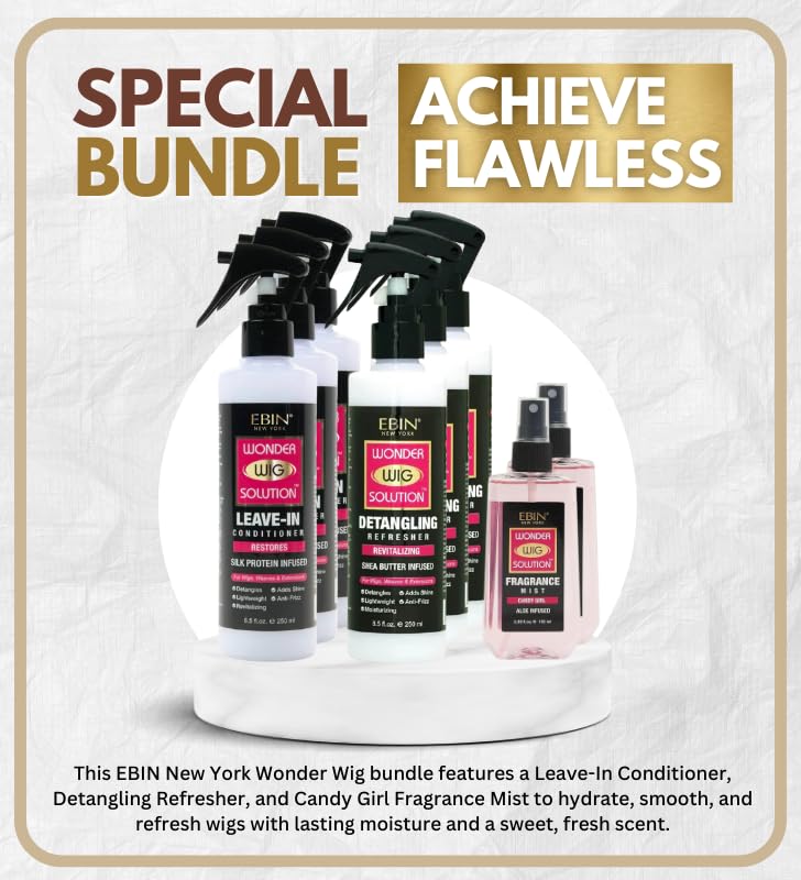 Wig Spray by EBIN New York – 3x Wonder Wig Solution Leave-In Conditioner Spray Bundle + 3x Detangling Refreshers + 2x Fragrance Mists (8 Items) Gift Set