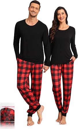 Women Pajamas 2 Piece Pjs with Pocket Christmas Long Sleeve Winter Pajamas With Pockets Black & Red Plaid 3XL