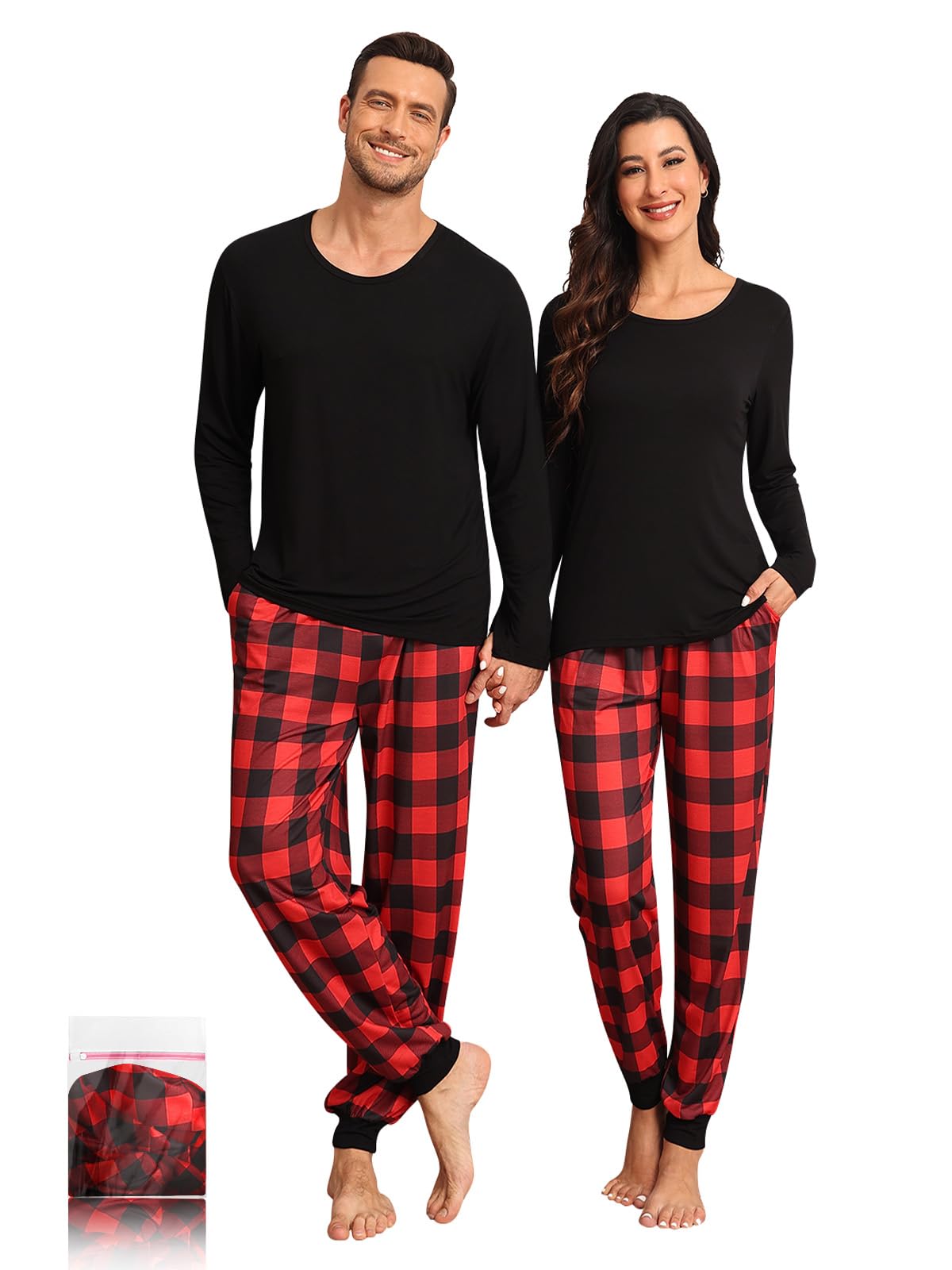 Conjunto de pijama a cuadros a juego para parejas, pijamas de Navidad para hombres y mujeres, conjunto de ropa de dormir de manga larga con bolsillos, S-2XL