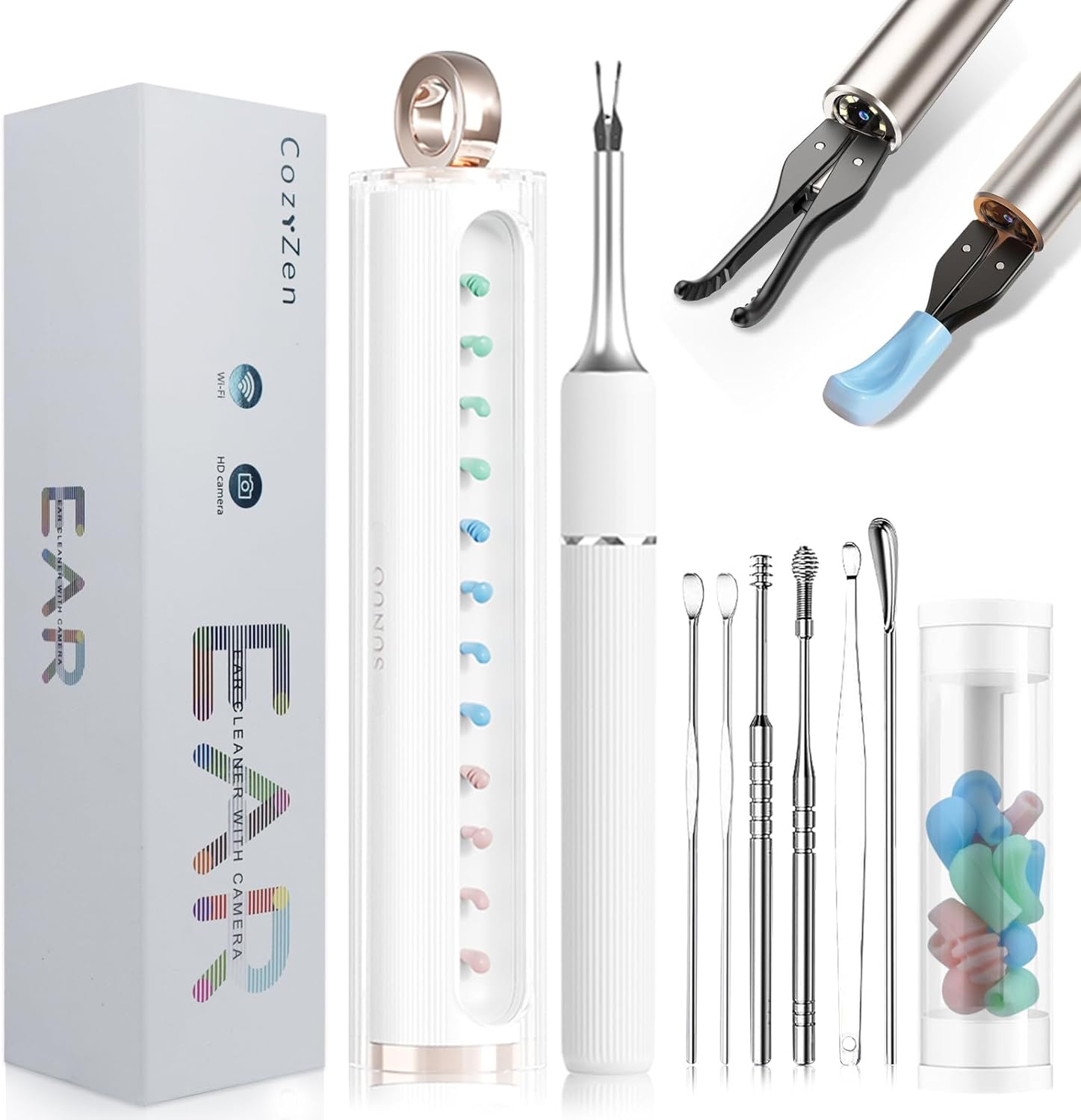 CozyZen Ear Wax Removal Tool S5 Pro with 12 MP Camera Otoscope, Omnidirectional Tweezer, Crodless Earwax Remover Tool with 24 Ear Spoon, Wireless Ear Cleaner with Rechargeable Storage Case (White)