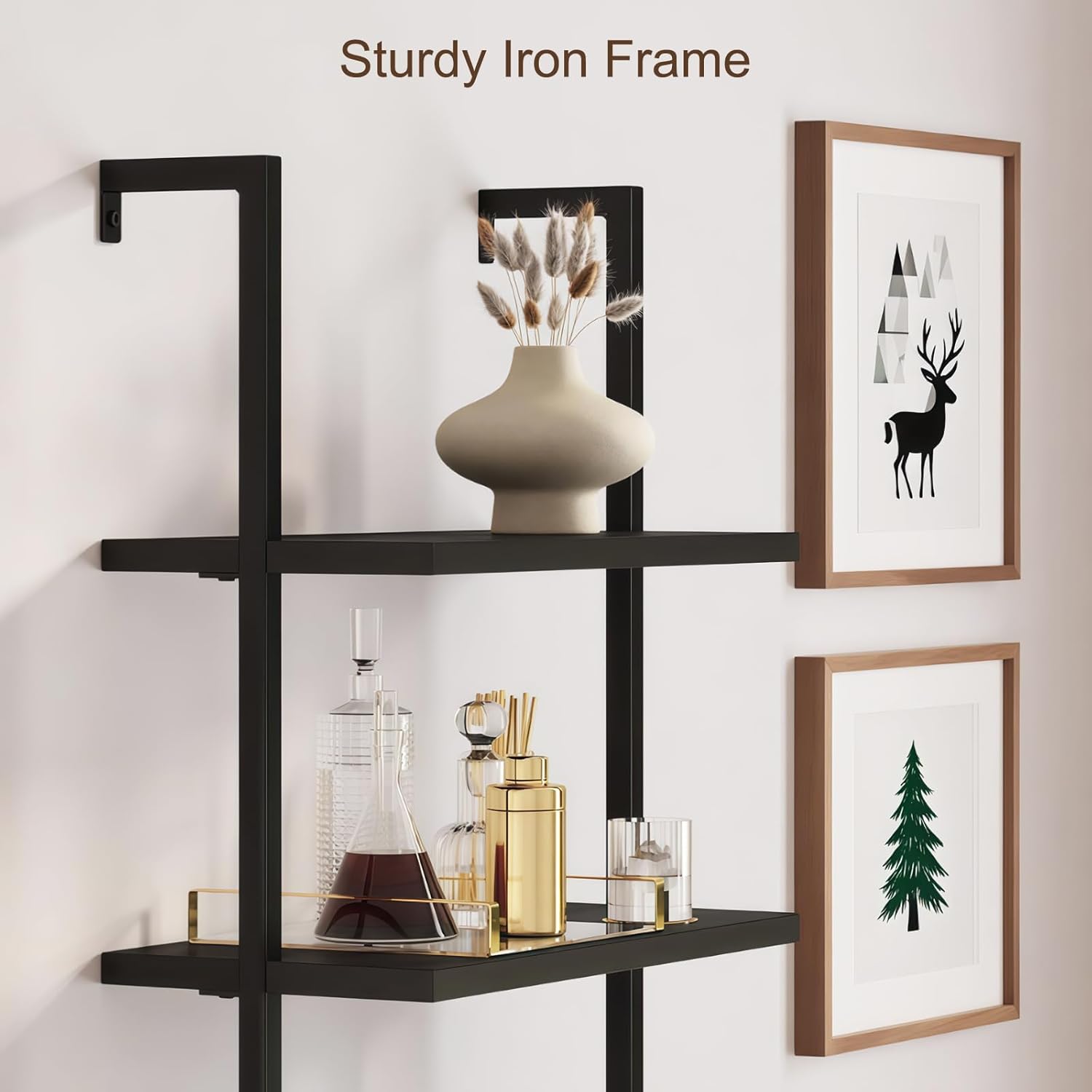 Rattan Bookcase, 6 Tier Ladder Bookshelf with Rattan Cabinet, Wall Mount Tall Bookshelves and Bookcases with Metal Storage Shelves Display for Living Room Bedroom Home Office, Black