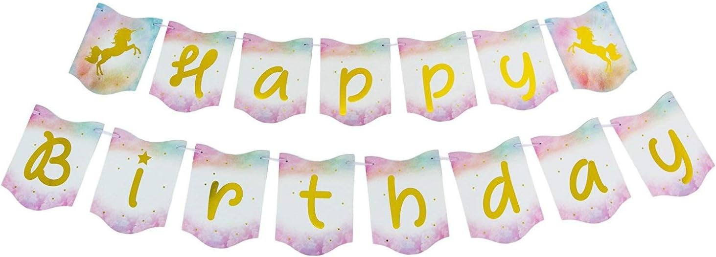 Happy Birthday Unicorn Banner Garland Pennants Supplies by Praity | Pre-Assembled | Gold Foil Letters, Ergonomic Hanging Strings | For Birthday Parties, Unicorn Theme Decoration, Girl's Birthday Party