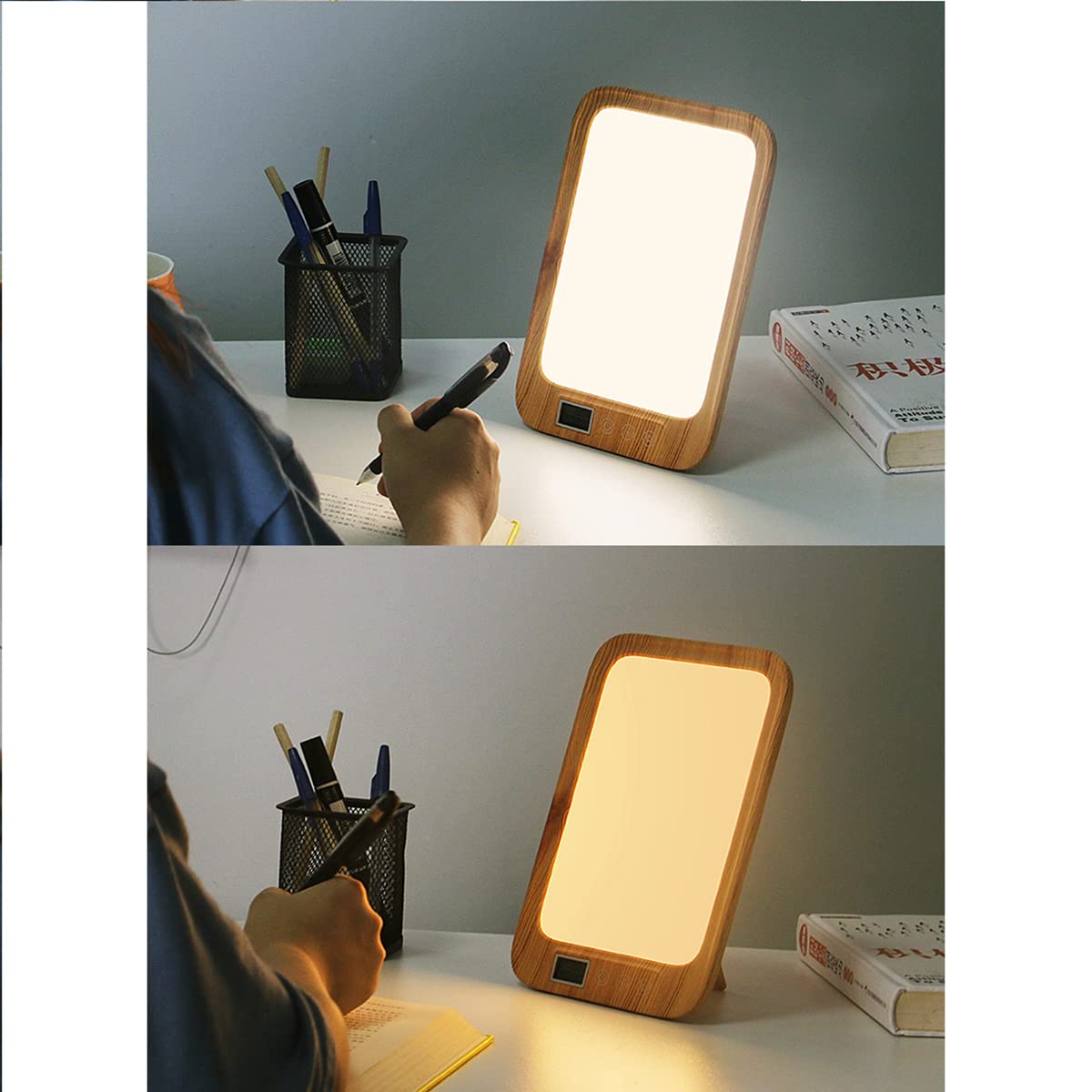 Lampe de thérapie lumineuse, pour la maison/le bureau/les voyages, lampe LED lumière du jour, 10 000 lux, sans UV, 3 couleurs, 6 modes de luminosité, écran LCD, 6 fonctions minuterie (grain de bois)