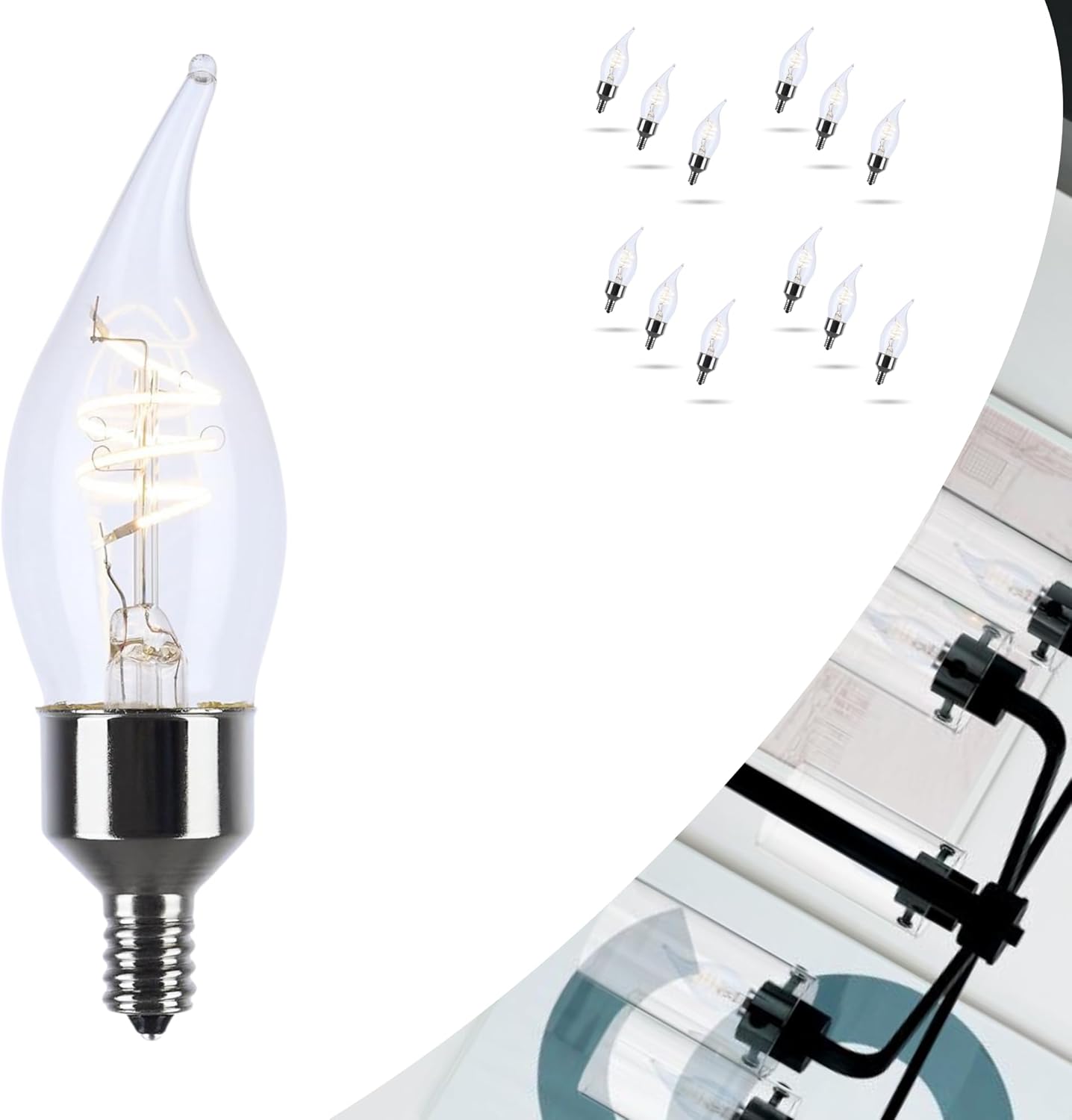 Satco S11526 LED Bulb, 4W (40W Eq), CA11 Flame Tip Vintage Style, Flex Gray Coil Filament, 2700K Warm White, E12 Candelabra Base, Dimmable, Clear Glass, 350 Lumens, 120V, Enclosed Rated (12 Pack)