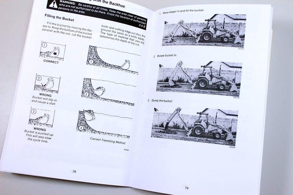 Illustrations demonstrating correct and incorrect methods for filling the backhoe bucket, showing how to move the dipper and cut to fill the bucket properly.