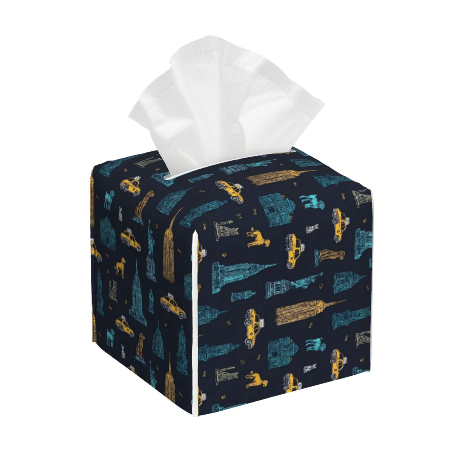 Modern Urban Landscape Print Tissue Box Cover Holder Square, Foldable Modern Cube Tissue Box Cover, Leather Decorative Organizer for Tabletop Bathroom Car Office Desk Decor