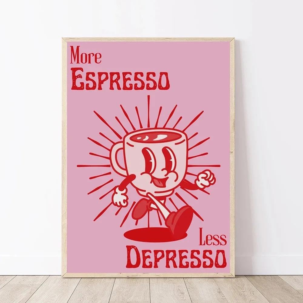 Baibexing Retro Pink Cartoon Character More Espresso Less Depresso Coffee Poster Print Canvas Painting Wall Art Picture For Funky Kitchen Decor 30X40Cm Unframed