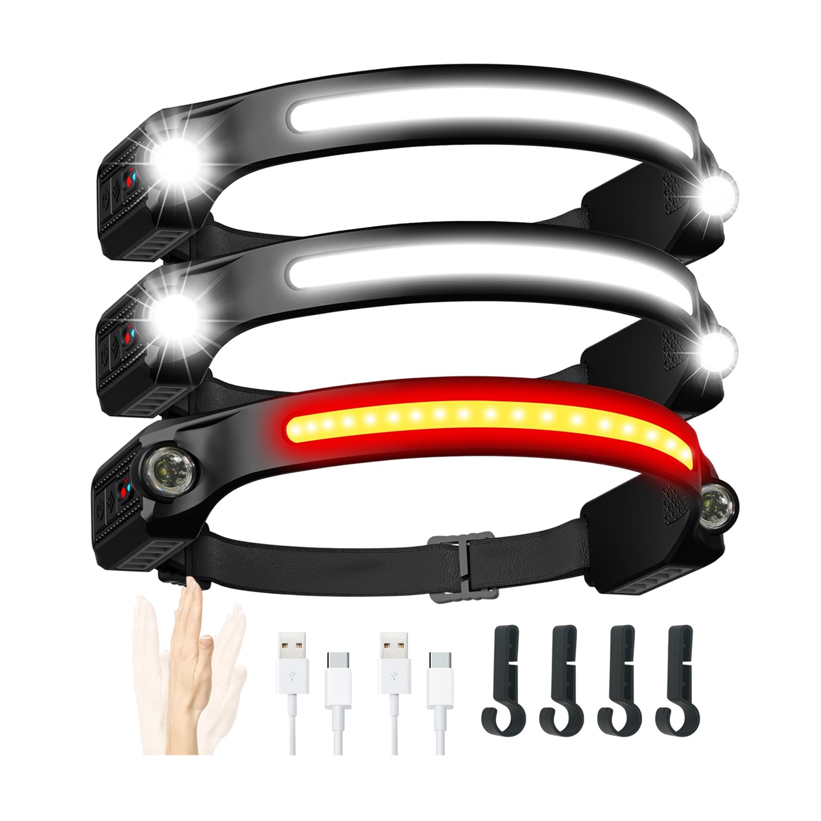 Head Torch Rechargeable,3 PCS Headlamp with Red Light 2XPE and 260°Wide Beam LED Headlight with Motion Seonsor 8 Mods IPX5 Waterproof Head Lamps for Adults Kids Camping,Hiking,Fishing and Running