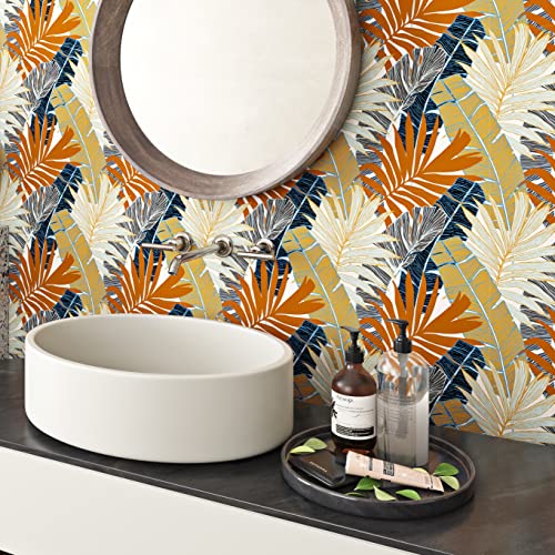 Rewallpaper Boho Leaf Wallpaper Tropical Peel And Stick Paper Banana Leaves Removable Contact Paper For Furniture Bathroom Walls Bedroom Diy Nature Tan Palm Plant White Waterproof Vinyl 17.5In×10Ft #TOP1
