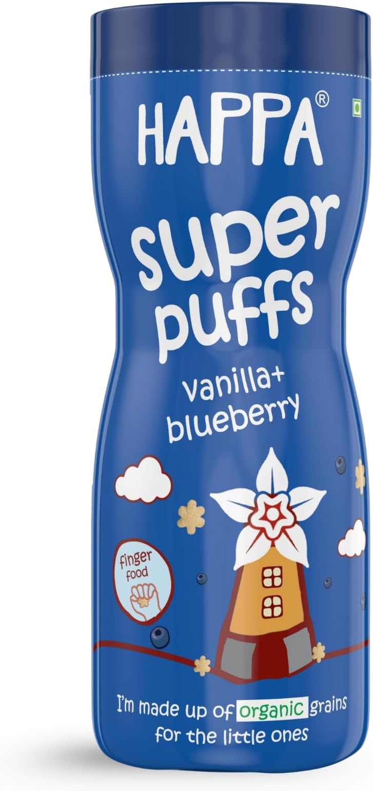 Happa Vanilla Blueberry Baby Puffs | Melt-in-the-Mouth Finger Food for Babies | Supports Self-Feeding & Baby-Led Weaning | No Artificial Flavours or Colours | Stage 2 (8 Months+) | Pack of 1 (40g Pack)