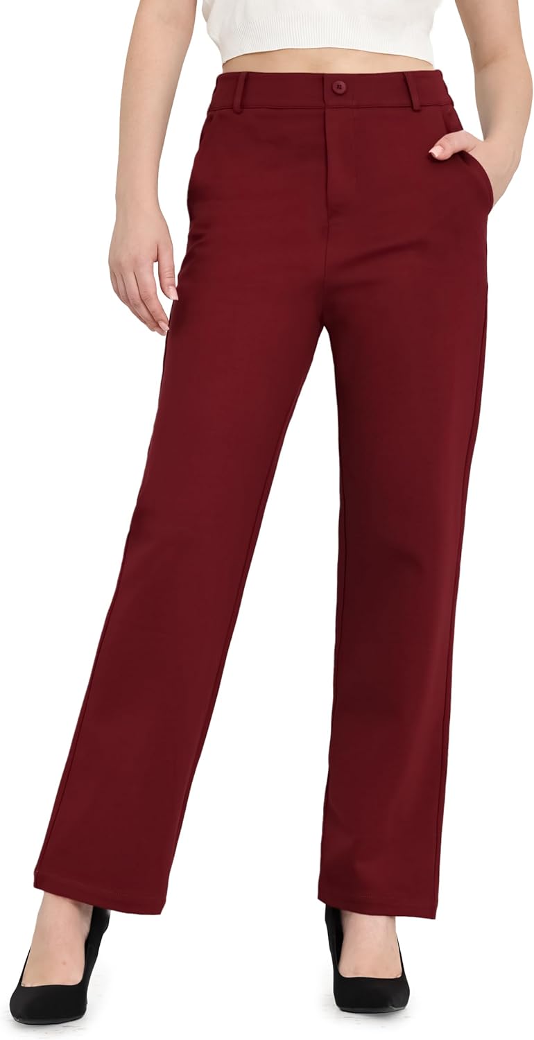 Balleay Art Women Straight Leg Dress Pants High Elastic Waisted Slacks Business Casual Work Office Trousers