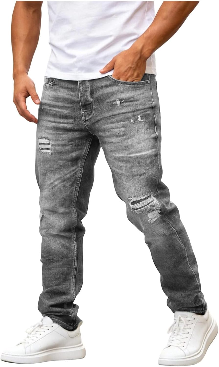 Denim Pants for Men, Ripped Straight Leg Outdoor Jean Trousers | Modern Straight Fit, Distressed Ripped Details, Streetwear Denim Jeans, Washed Cotton Blend, Casual Street Style
