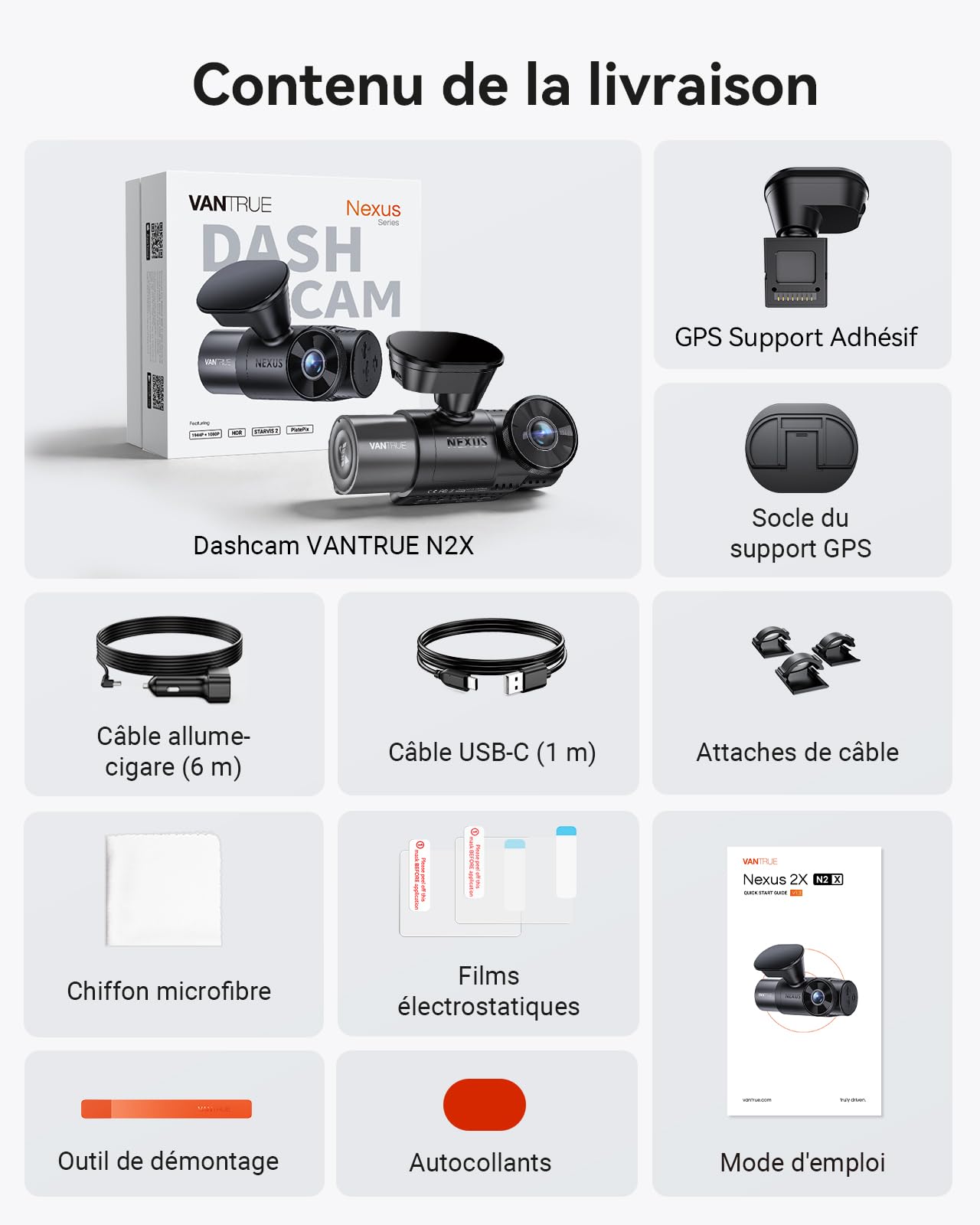 VANTRUE N2X 2.7K+1080P Dashcam Voiture Avant Intérieur, STARVIS 2 Double HDR Camera Embarquée Infrarouge, Support LTE, 5GHz WiFi GPS, APP & Commande Vocale Français, 24/7 Mode Parking, Max 512Go