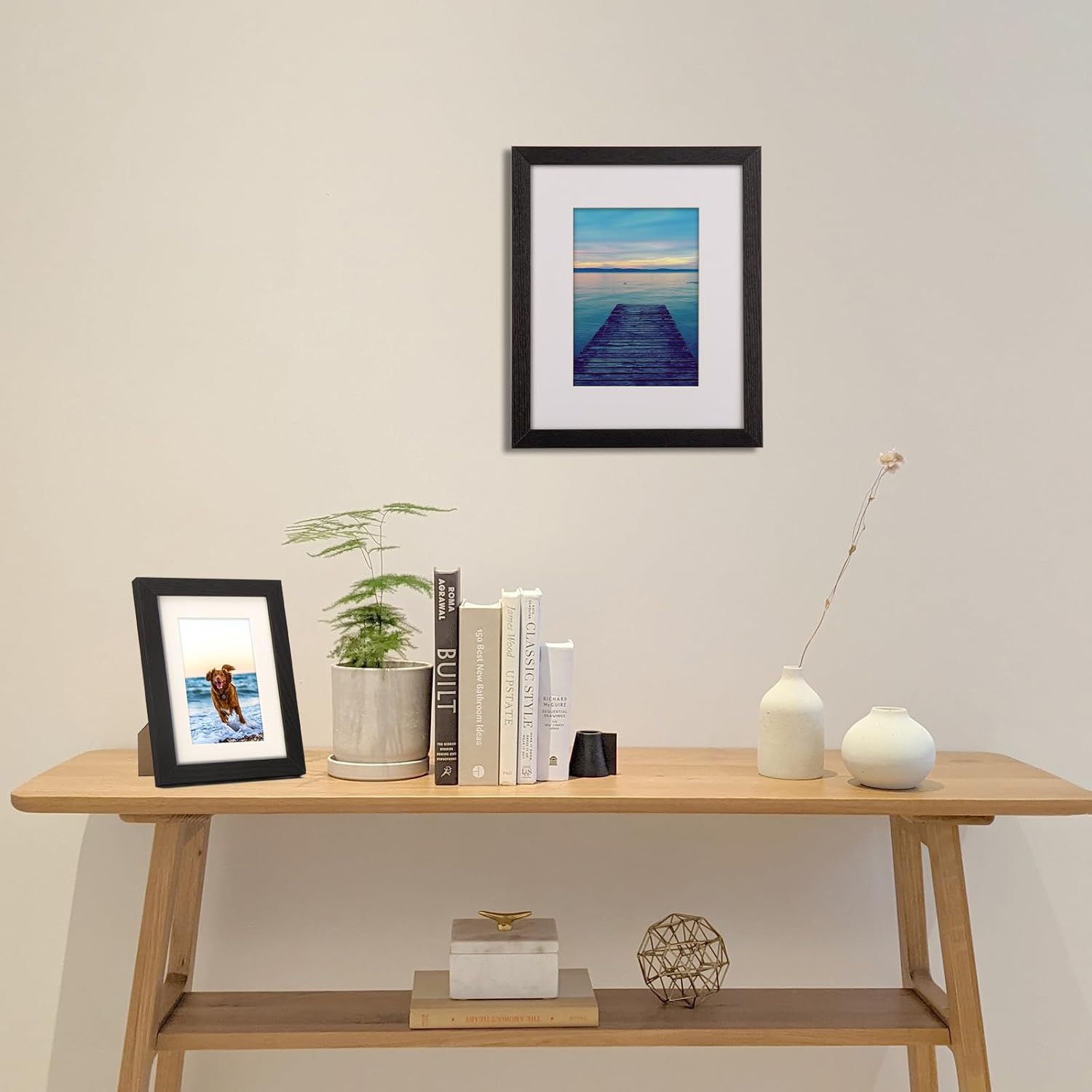 5x7 inch or 3.5x5.5 with Mat Picture Frame Collage set, Tabletop or Wall Mount Vertically or Horizontally Photo Display, Real Glass Acid Free Mat, Black Grain Wood Veneer Molding, 6 Pack