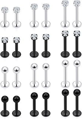 Lcolyoli 24Pcs 16G Labret Jewelry Stainless Steel Medusa Piercing Jewelry Monroe Lip Rings Different Size Tragus Nail Conch Helix Earring Stud Bar Length 6mm 8mm 10mm