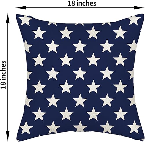Miniatura 6 de AGAYNA Juego de 2 fundas de almohada para el 4 de julio, 18 x 18 pulgadas, diseño de estrellas patrióticas azules y crema, para decoración de