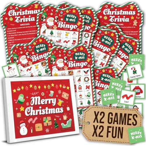 Christmas Bingo Game for Large Group - 25 Christmas Bingo Cards for Adults, Fun Christmas Games for Family Party, Christmas Party Games, Xmas Holiday Bingo Christmas Trivia Games Cards Set