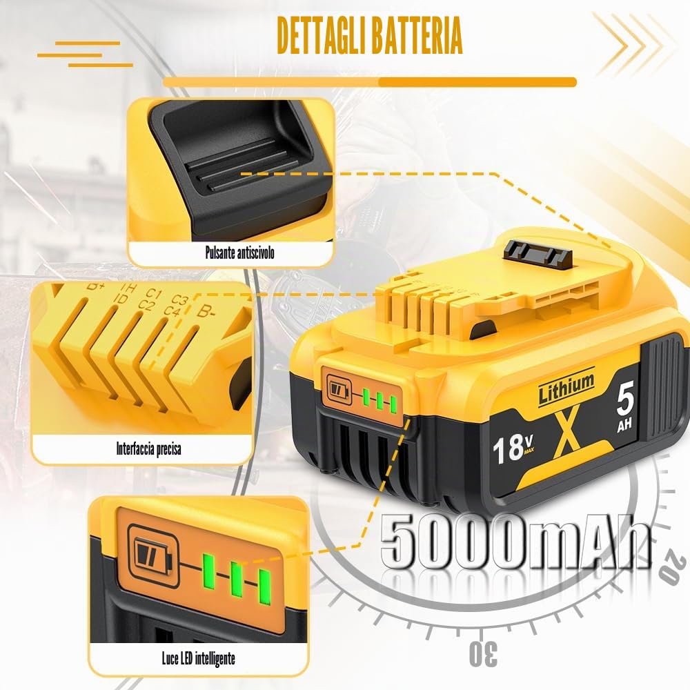 2 pezzi 5000mAh DCB182 batteria di ricambio per Dewalt 18V, 5 Ah di ricambio per batterie Dewalt DCB200 DCB184 DCB101 DCB107 DCB112 DCB105 DCB115 DCB203 con LED per utensili