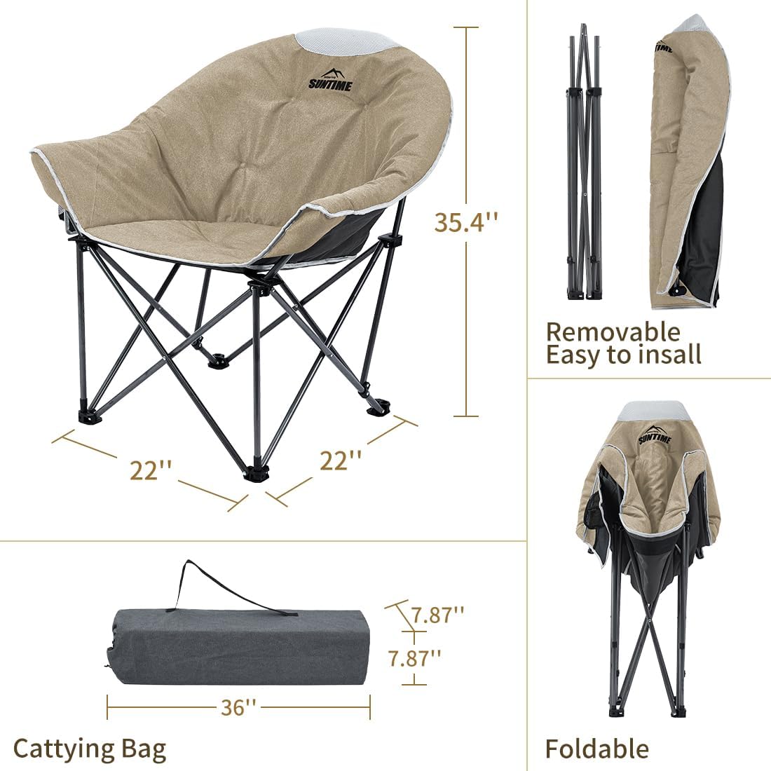 OUTDOOR LIVING SUNTIME Oversized Padded Camping Chair,Portable Comfy Outdoor Folding Moon Round Saucer Chairs for Adults with Holder and Carry Bag, Perfect for Hiking Lawn Patio Sports（Beige 2 Pack）