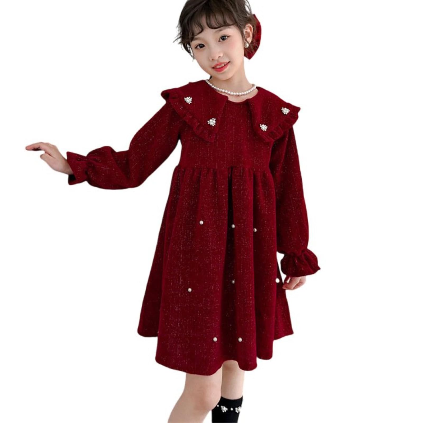Robes À Manches Longues pour Filles en Velours Côtelé avec Revers Épais Décoration De Perles Ligne A Robe d'automne Et d'hiver pour Enfants,Rouge,L