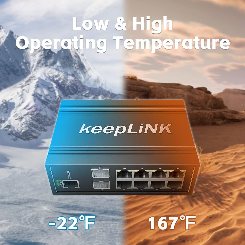 Image illustrating the wide operating temperature range of the keepLiNK switch, showing a cold, snowy environment with -22°F and a hot, desert environment with 167°F.