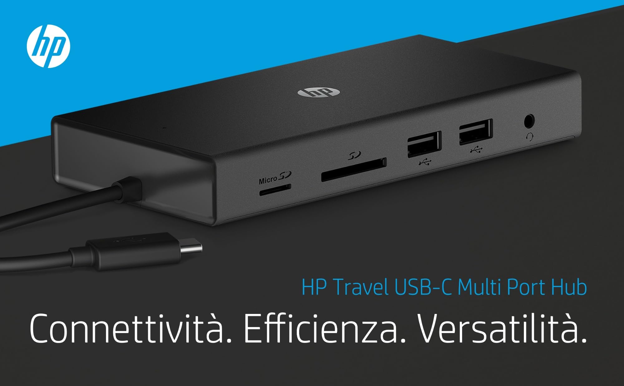 HP Hub Multi porta USB-C da Viaggio, Compatibile con PC dotati di Porta USB-C, Power Delivery e DisplayPort, Nero