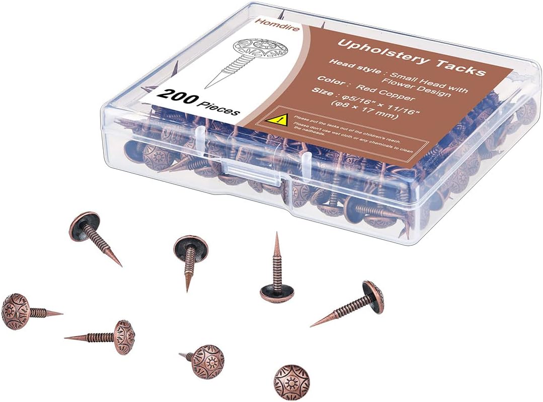 Upholstery Tacks with Small Head, 5/16 inch Vintage Furniture Tacks Nails for Upholstery, 200pcs Mini Decorative Nails with Threaded Leg, Sofa Tacks for Woods (Red Copper)