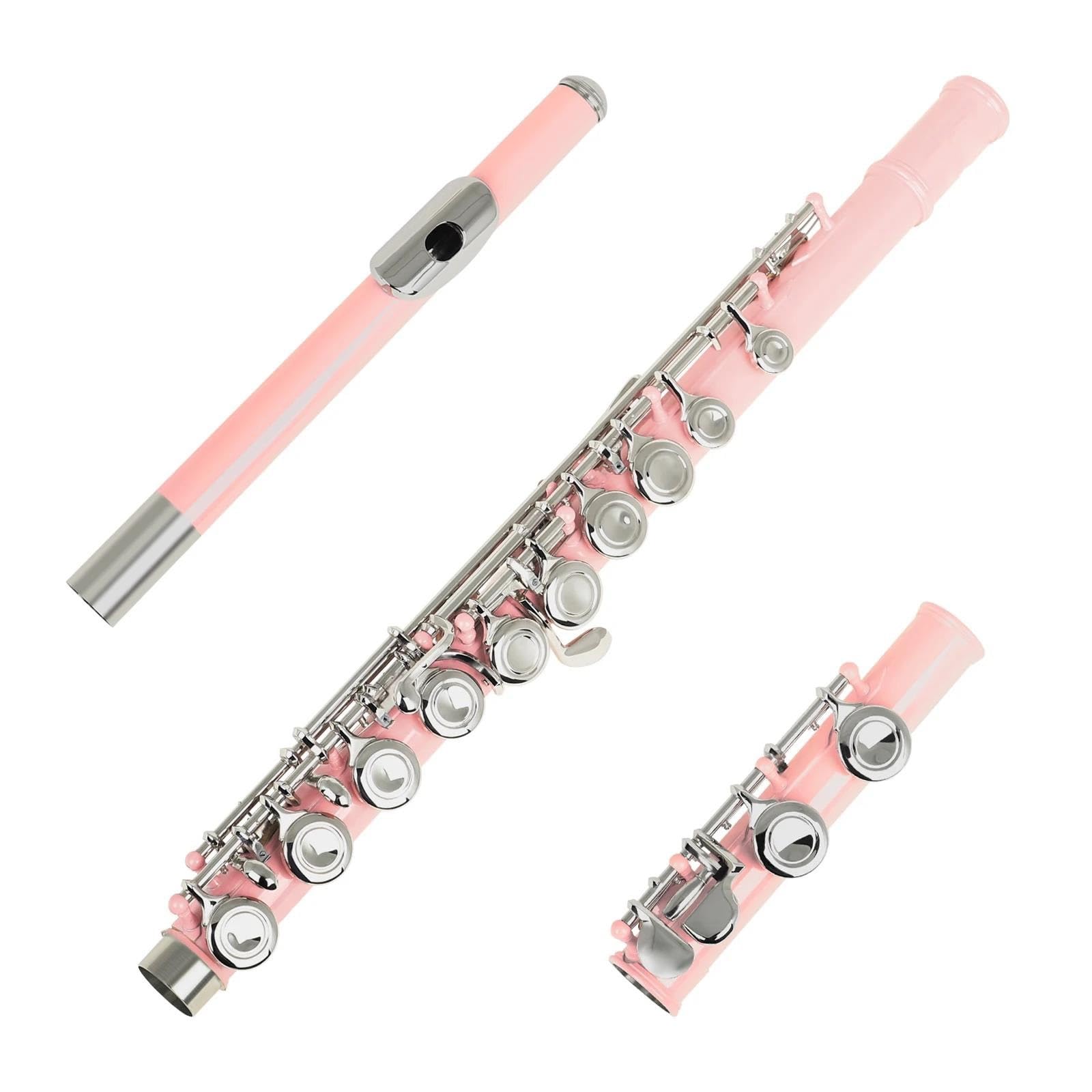 flauta travesera Flauta de concierto con 16 agujeros cerrados y abiertos, instrumento Musical con llave C, flauta transversal profesional chapada en plata con llave E(Pink)