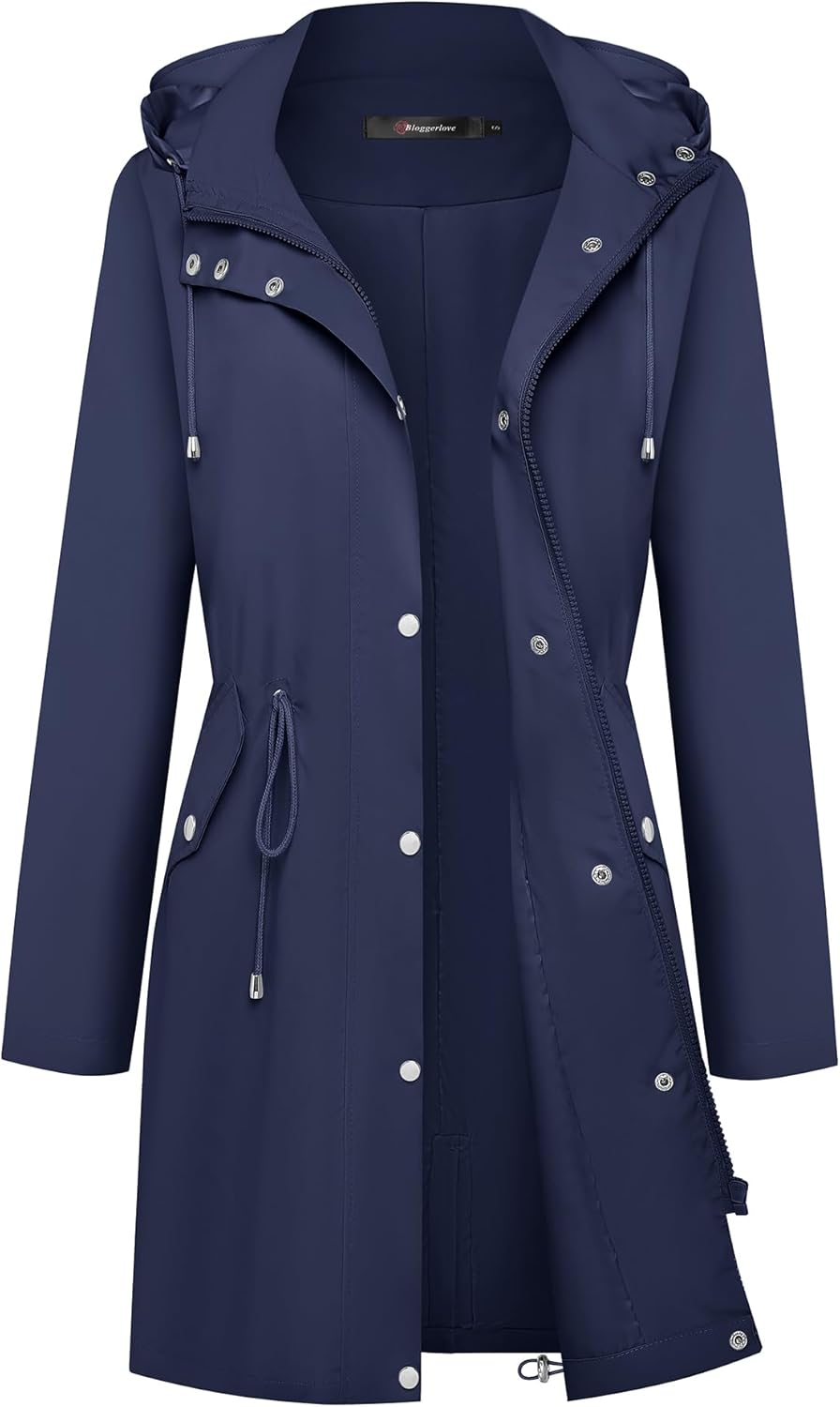 Bloggerlove Rain Jacket for Women Waterproof with Hood Trech Coat for Women Lightweight Raincoats Long Windbreaker