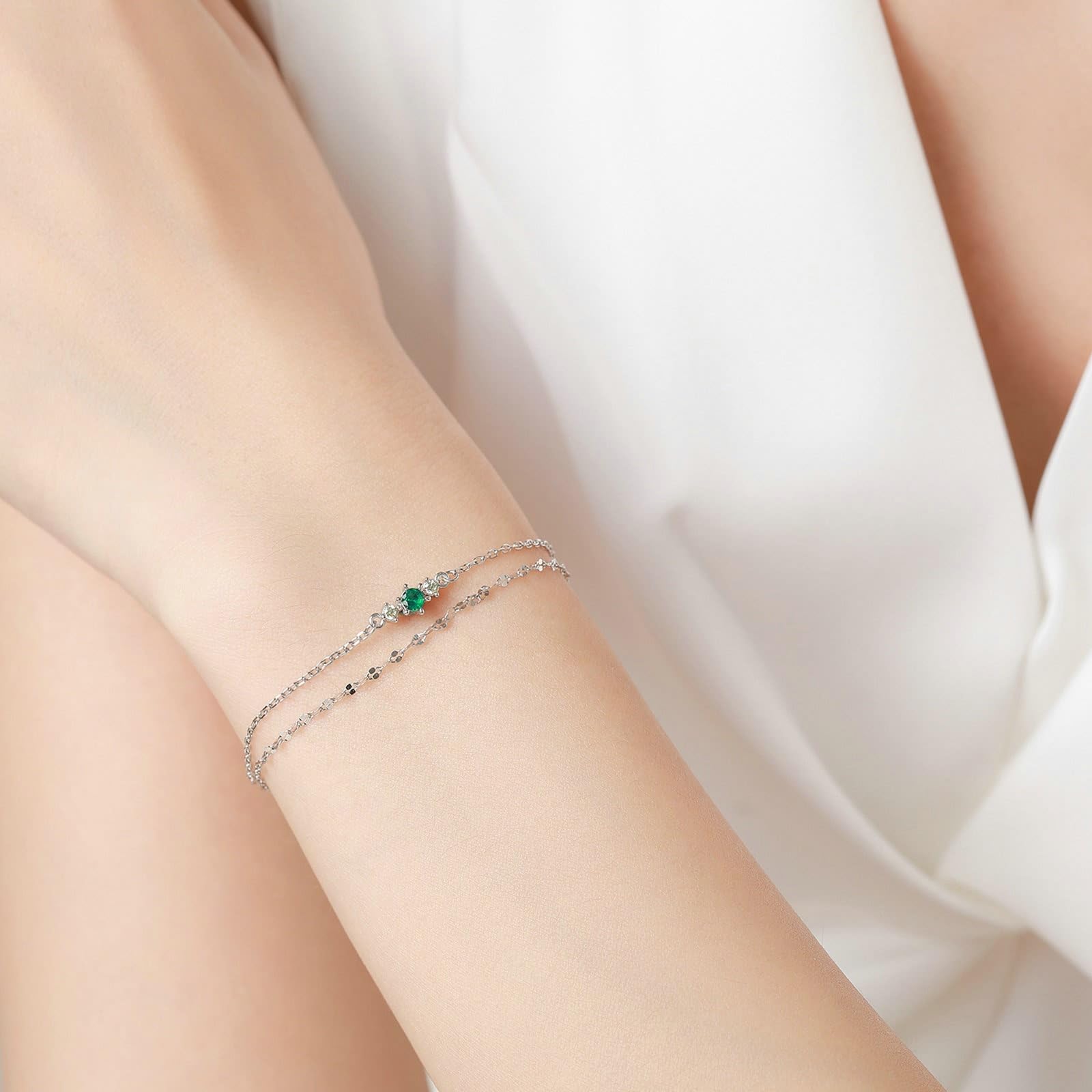 KnSam Pulseras de oro auténtico de 9 K/14 K/18 K, pulseras de doble capa con cadena de laboratorio creado en laboratorio verde esmeralda brazalete blanco oro Au 375/585/750