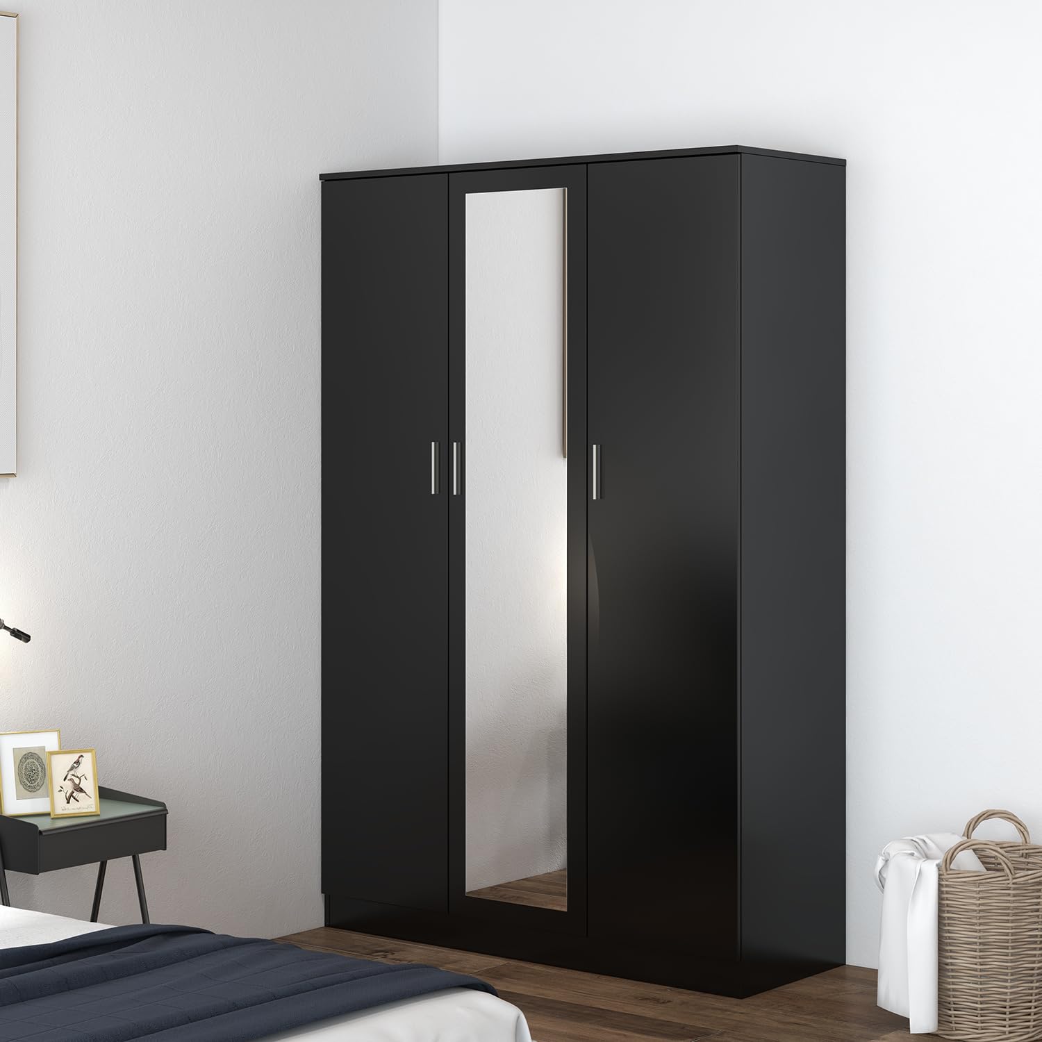 Panana Wooden 3 Door Mirrored Wardrobe with Hanging Rail Modern Clothes Storage Cupboards Unit for Bedroom Furniture W 115.4 x D 50 x H 180 cm (Black)