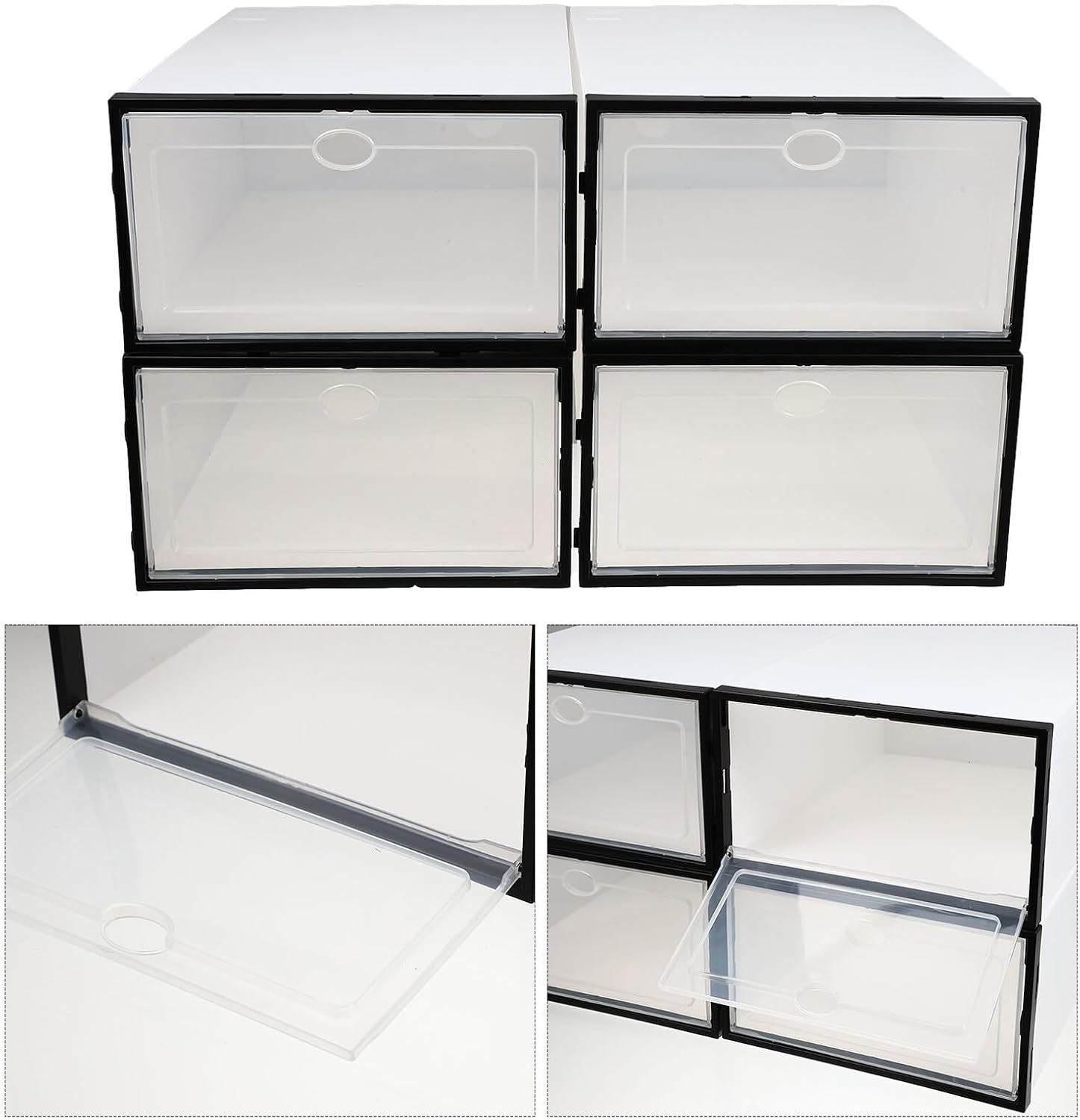 Cabilock 4pcs Thickened Transparent Plastic Shoe Boxes for Home Use Stackable Dustproof Storage Containers for Women Shoes with Black Frame Space-saving Organizers