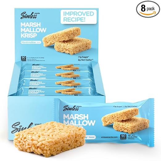 New Improved Recipe - Sinless Snacks Marsh Mallow Krisp - Perfect Keto Snacks - Delicious Gluten Free Low Carb Snacks - Marshmallow Keto Cereal Bars – Soft & Chewy Low Sugar Snack – Less Than 1g Sugar - 10g Protein - 2g Net-Carbs –8 Count