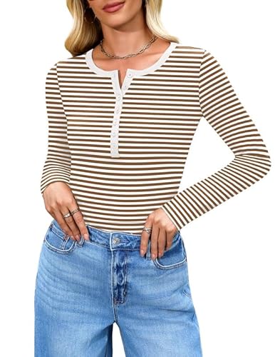 Misakia Long Sleeve Shirts for Women 2025 Spring Fall Tops Henley Button Ribbed Tunic Slim Fit Trendy Outfits White and Brown Stripes M
