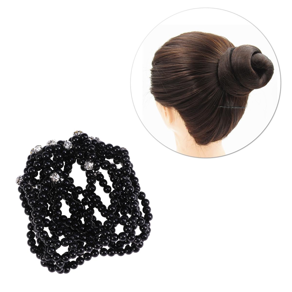 FRCOLOR 2pcs Elastic Hair Snood Net Handmade Crochet Pearl Hairnet for Dance Performance Black, Bun Cover for Dancers and Skaters - Image 2