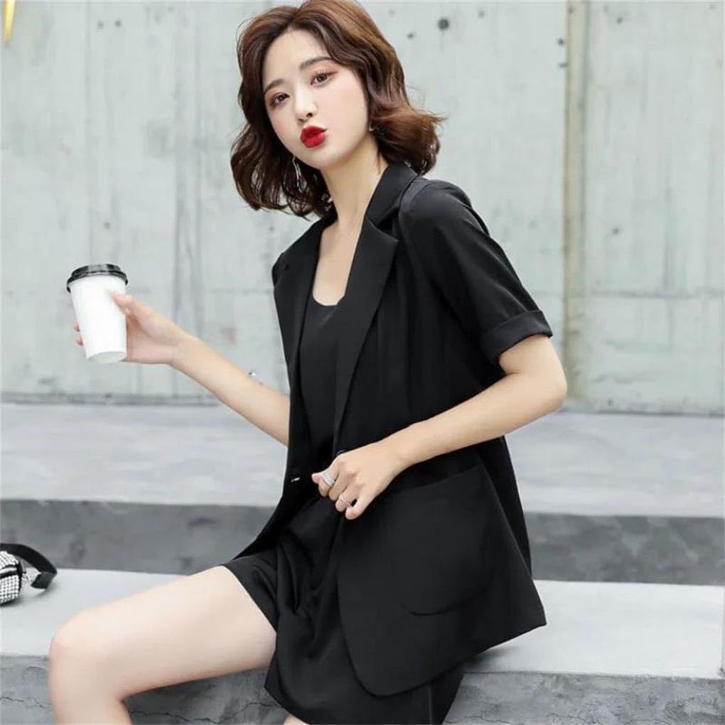Women Solid Short Sleeve Blazer Set, Fashion Blazers Slim Shorts Elegant Daily Casual Two-Piece Outfits