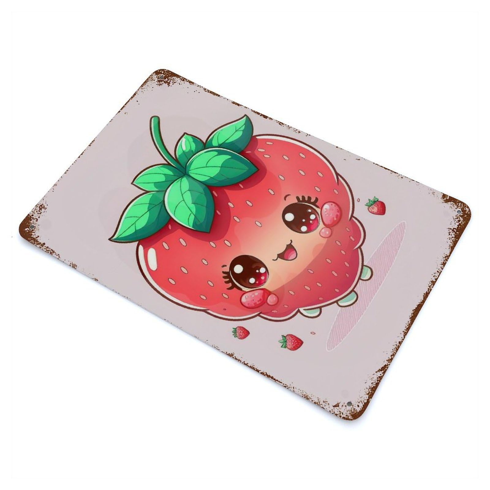 Kawaii Strawberry Rust Effect Tin Sign 11.8"x7.9", Rustic Home Decor for Garage, Bar And Workshop Decor