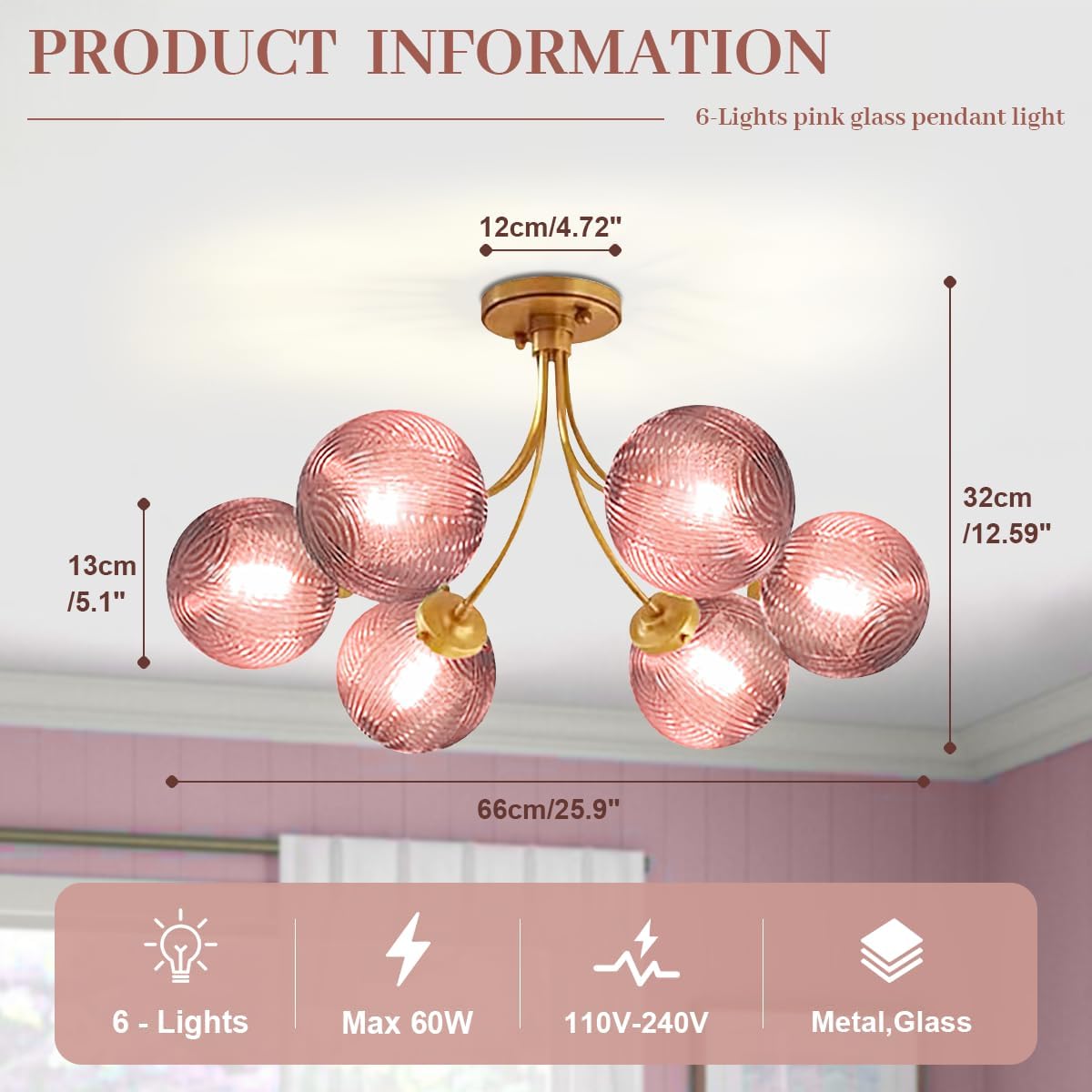 Modern Pink Chandelier 6-Lights Gold Ceiling Pendant Light with Striped Glass Shades Large Globe Chandelier Mid Century Flush Mount Ceiling Light Fixture for Dining Room Living Room