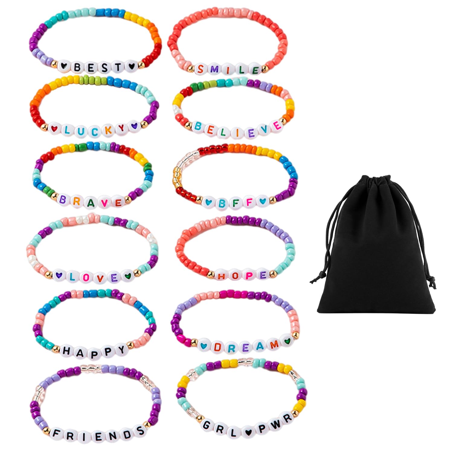– 12 Colorful Bracelets and 1 Velvet Bag - Bohemian Style, Couple & Friendship Bracelets, Gift for Good Friends