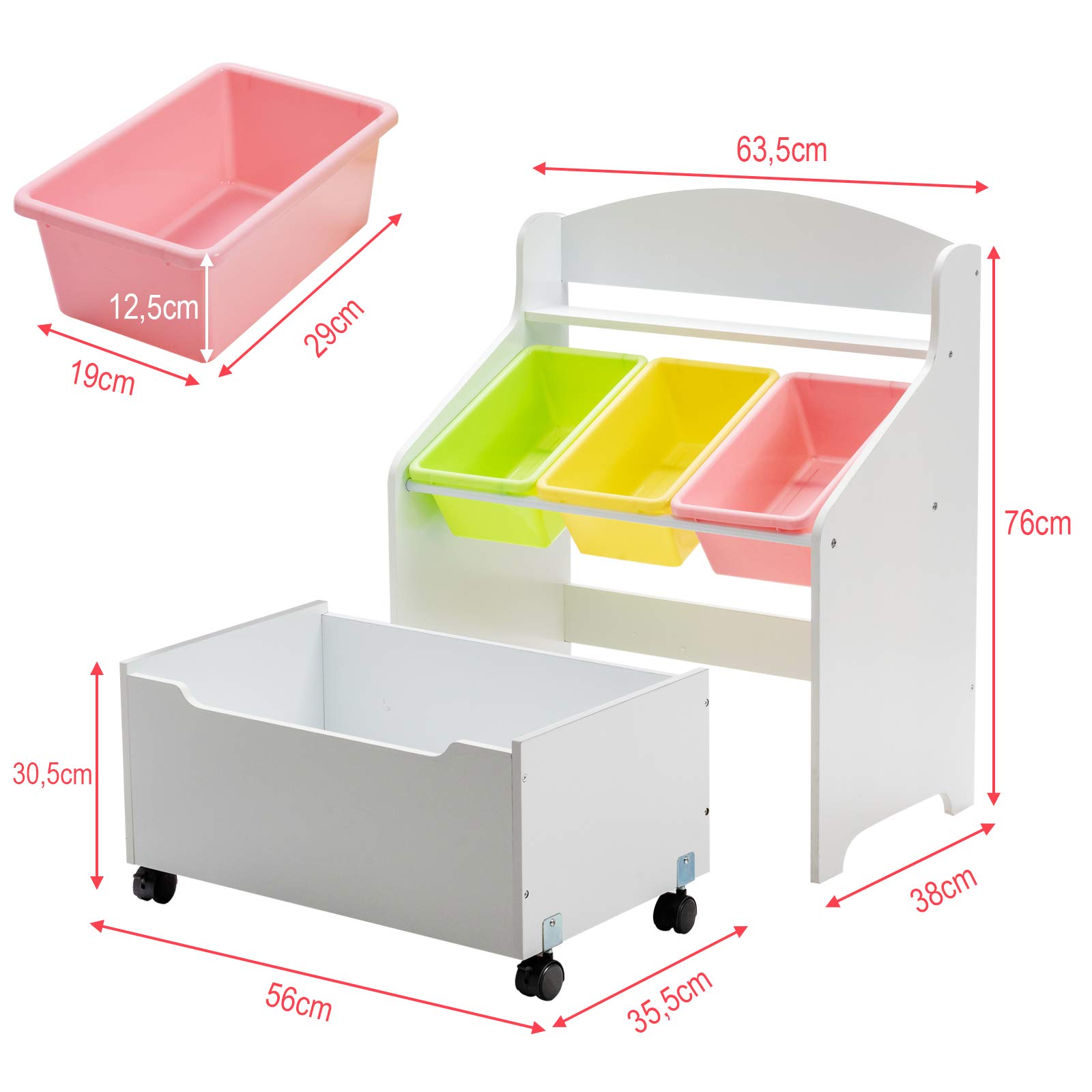COSTWAY Coffre à Jouet Enfant avec 3 Bacs et 1 Tiroir à roulettes, Meuble Rangement Jouet en Bois avec Espace de Stockage, Design Moderne pour Jouets et Livres, 63,5 x 38 x 76,5CM