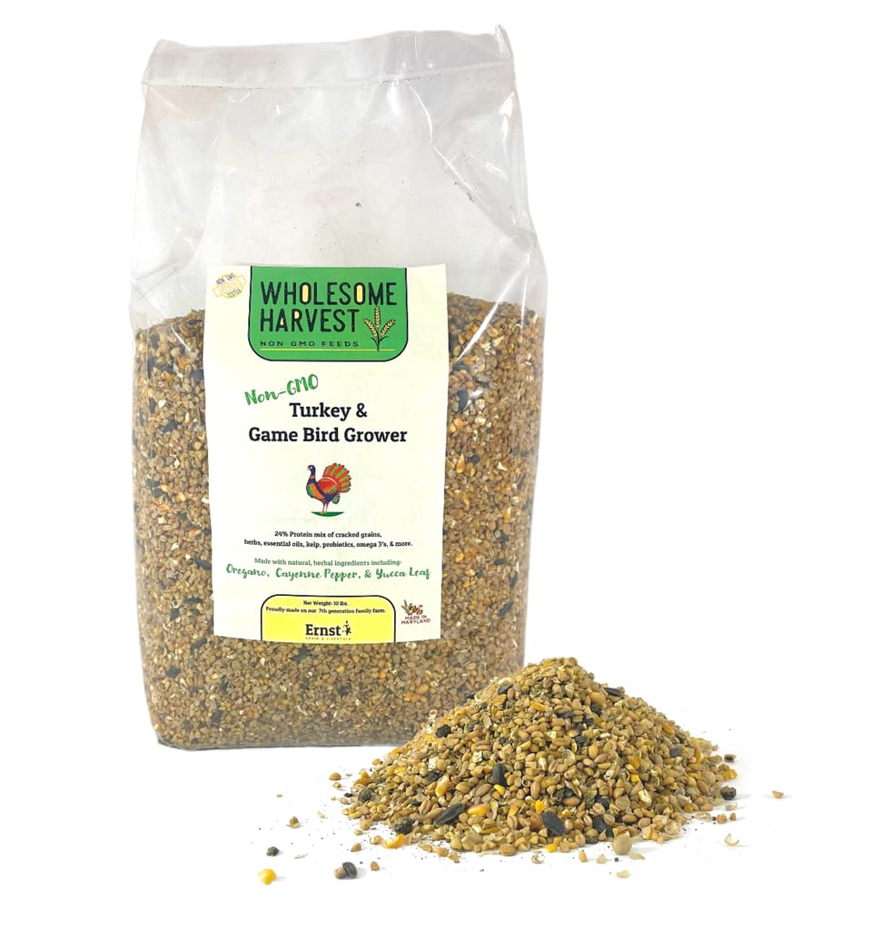 Wholesome Harvest Non-GMO 10 lb Turkey Feed - Natural Peacock, Game Bird & Bird Feed, 24% High Protein Complete Food with Essential Oils, Herbs,