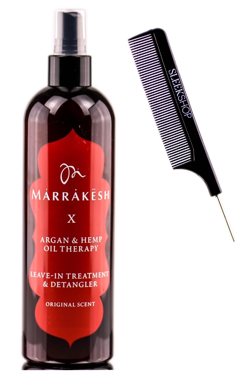short SIeekshop Comb + Marrakesh X LEAVE-IN TREATMENT & DETANGLER (Argan & Hemp Oil Therapy) Hair Spray - Scent, Clean & Moisturize Hair, Vegan, Cruelty Free, Hairspray (Original Scent (10 oz))